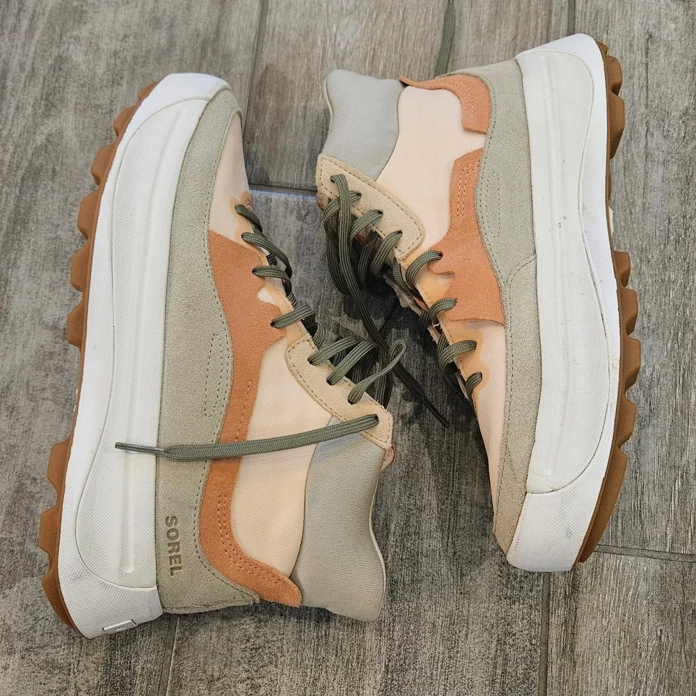 Sorel Kinetic Breakthru Day Lace Sneakers Womens 8 Peach Sage Mid Top Trainers
